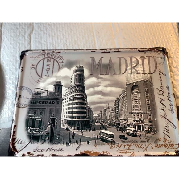 Metal Sign Madrid Spain Postcard Plaza Del Callo 1930 Tin Art 10.5x7” - Picture 1 of 10